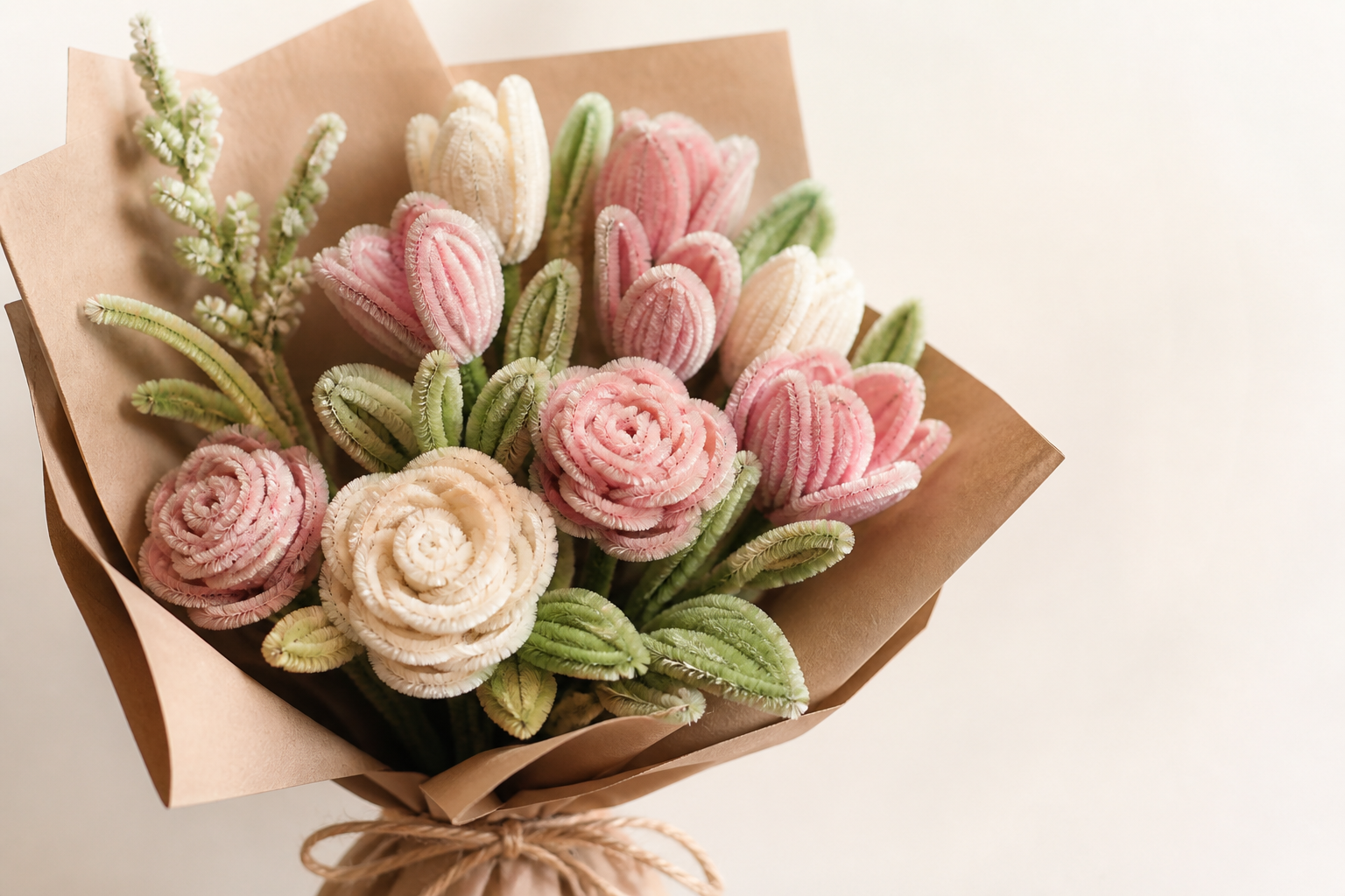 A handmade pipe-cleaner flower bouquet in soft pink and cream tones, wrapped in kraft paper
