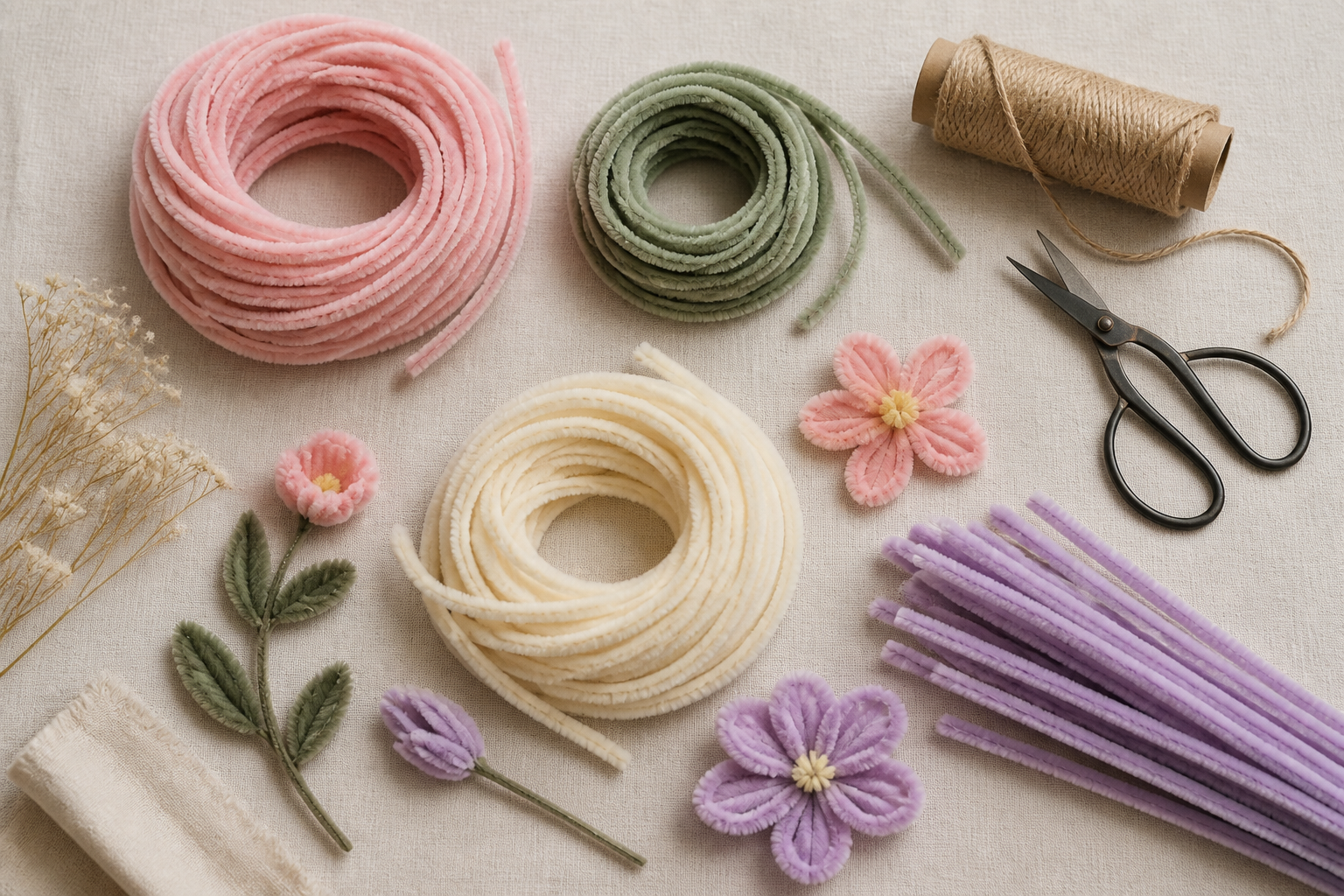 Pipe-cleaner craft supplies arranged on a linen surface