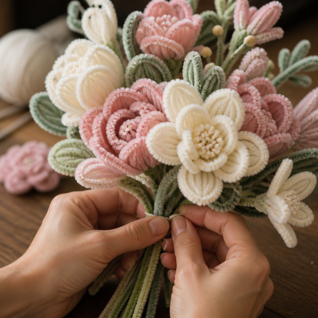 Hands arranging pipe-cleaner flowers into a bouquet