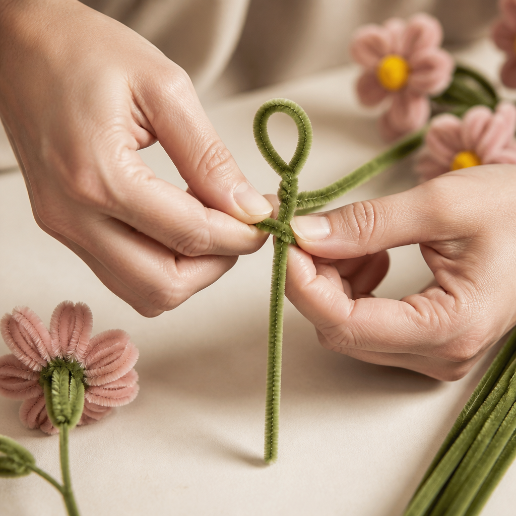 Hands shaping a pipe cleaner into a petal