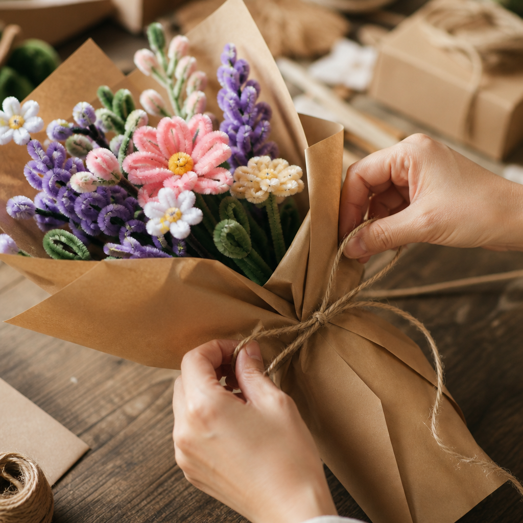 Hands wrapping a finished bouquet in kraft paper