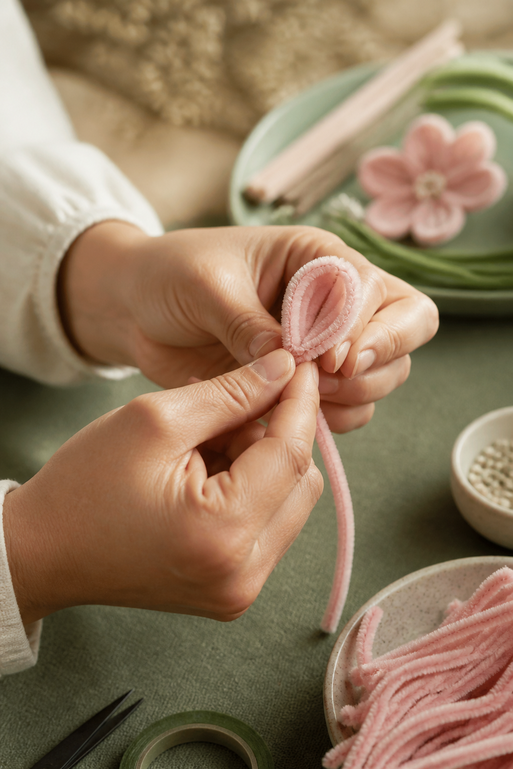Hands twisting a pipe cleaner flower