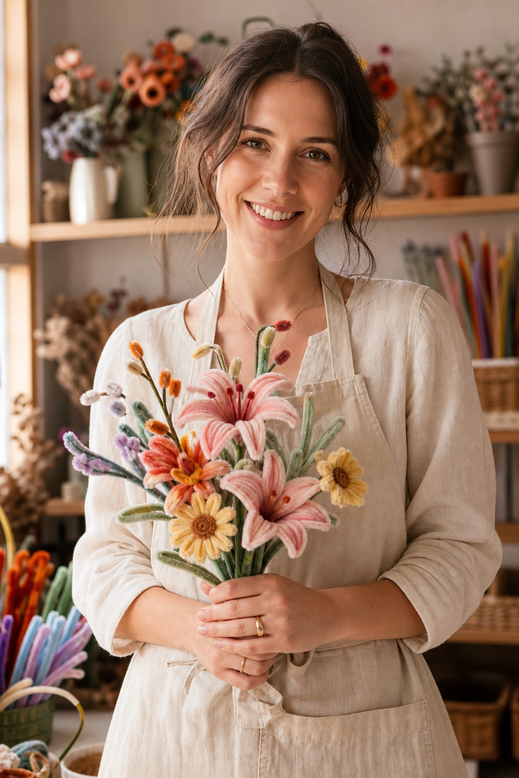 The maker holding a handmade pipe-cleaner flower bouquet